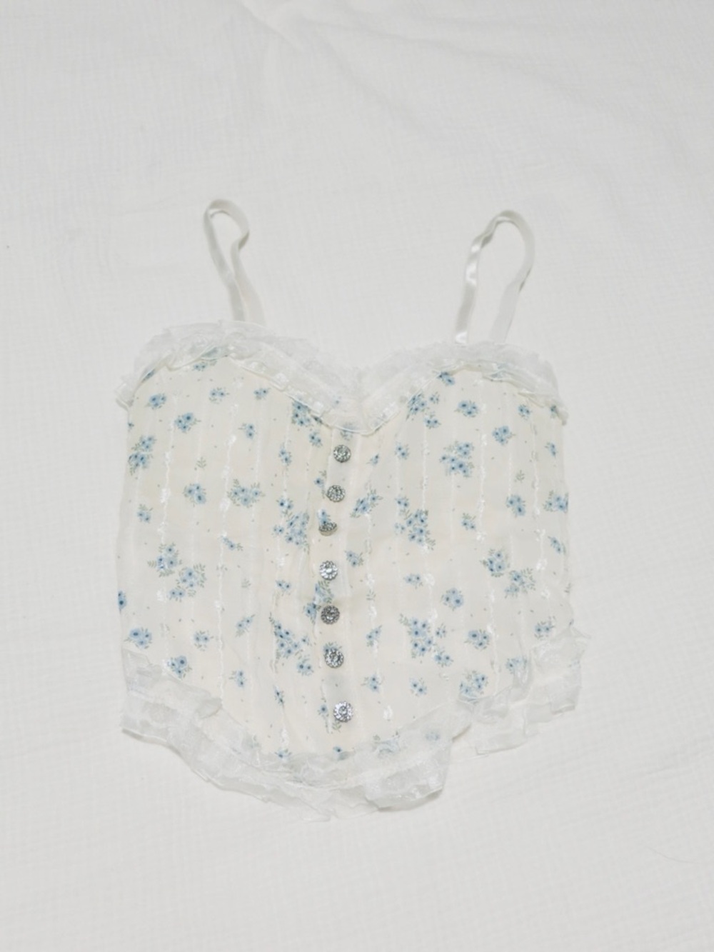 Floral Lace Trim Corset Top in Cream and Light Blue